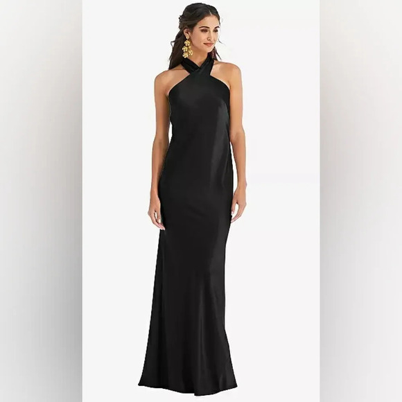 Lovely By Dessy Group-Draped Twist Halter Tie-Back Trumpet Gown in Black - Picture 1 of 4
